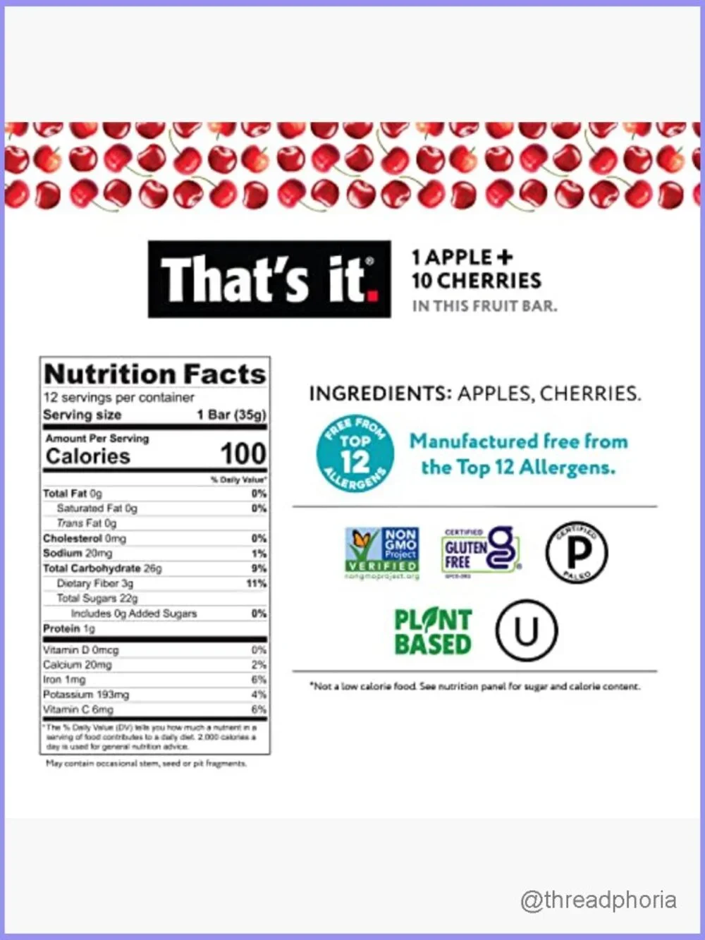 Apple + Cherry Fruit Bars, 12-Pack, Gluten Free, Vegan, High Fiber, No Sugar